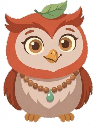 Ollie the owl, holding a sprig of fresh leaves